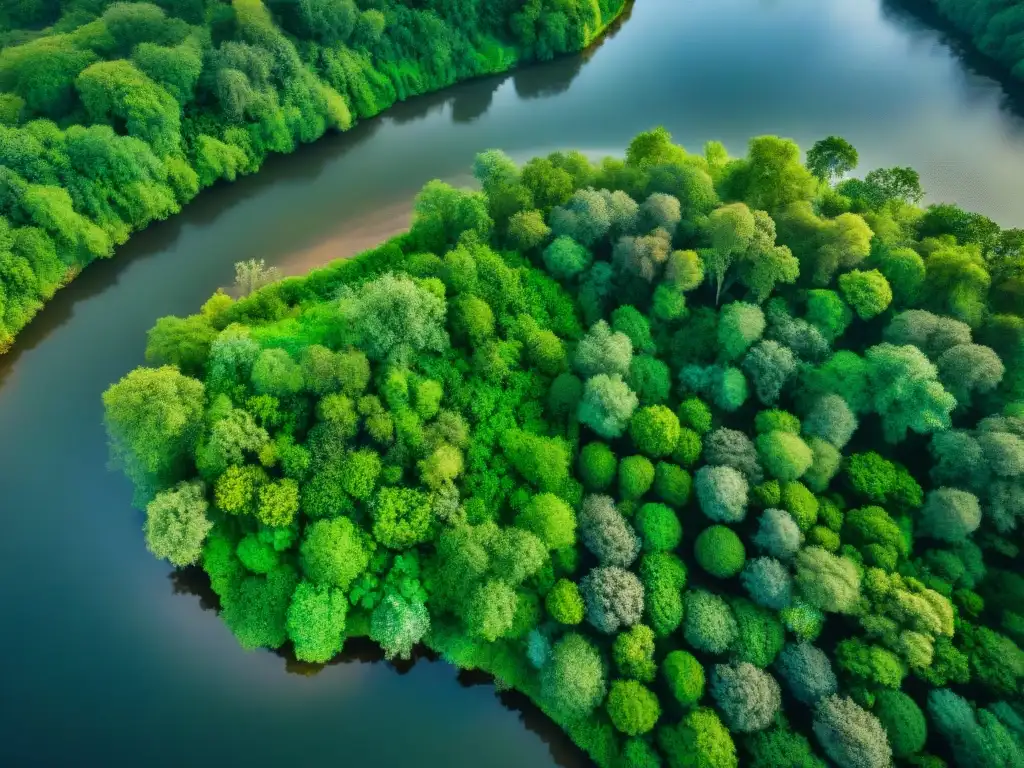 Río serpenteante: belleza natural desde el cielo Vista aérea de un río sinuoso rodeado de vegetación exuberante, capturada por un dron