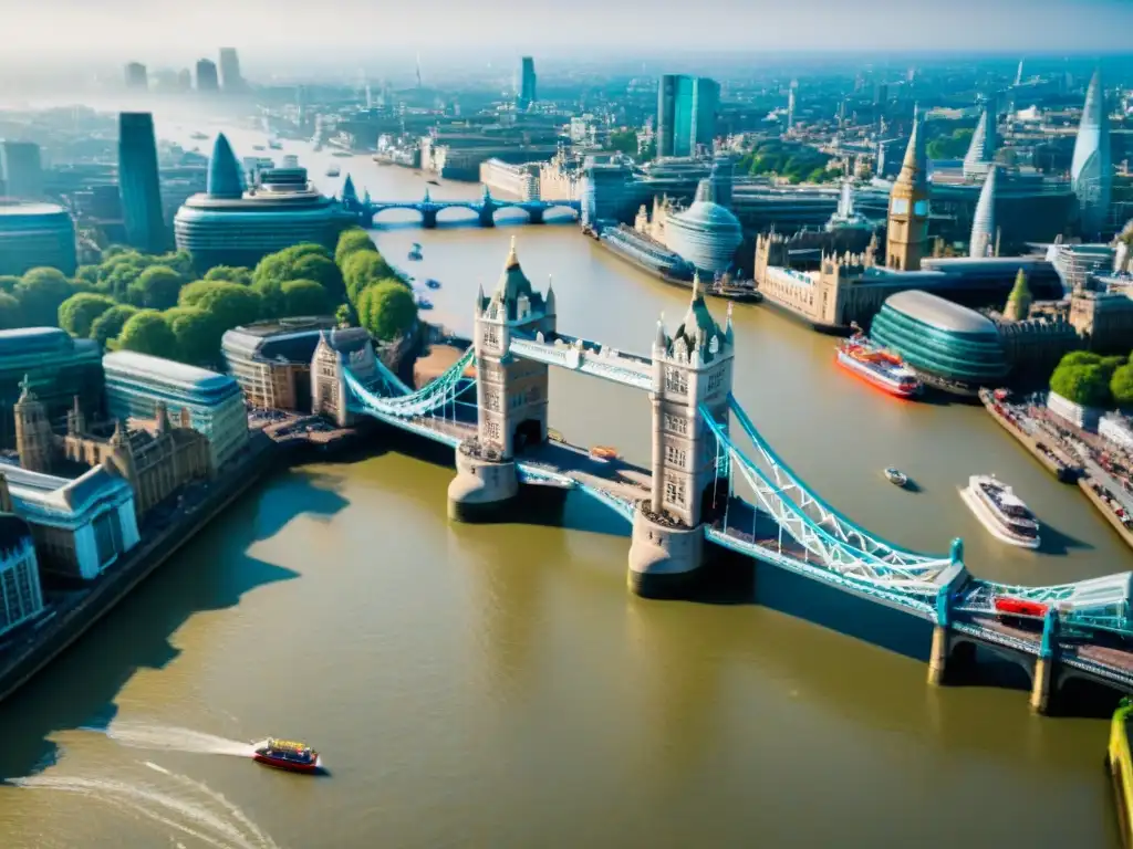 Vibrante Tower Bridge sobre el Támesis en Londres Vista aérea del icónico Tower Bridge sobre el río Támesis, resaltando la importancia cultural del río en Londres en un día soleado