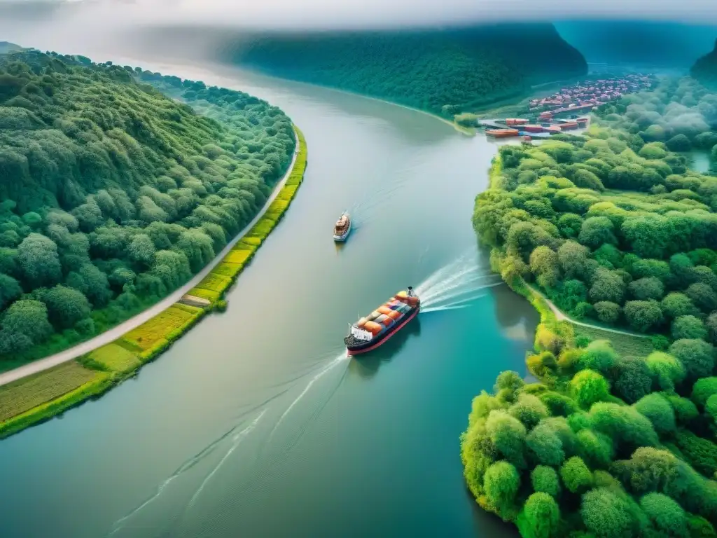 Ruta fluvial estratégica: comercio y naturaleza Vista aérea de ruta fluvial estratégica en disputa, con barcos comerciales y comunidades ribereñas entre exuberantes bosques