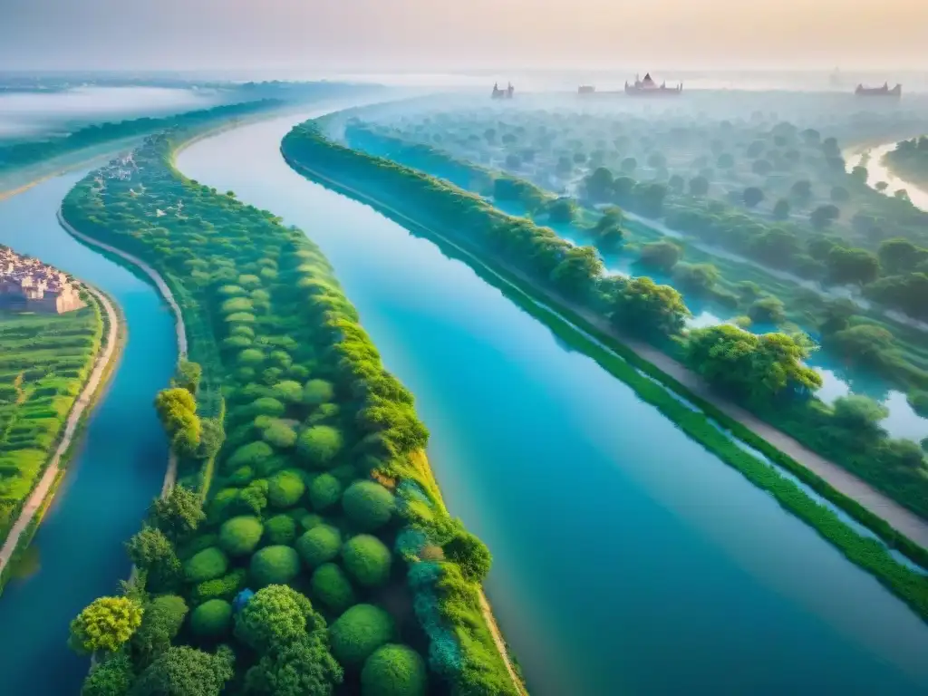 Vista aérea del río sagrado Yamuna serpenteando a través de Vrindavan, India, destacando su significado cultural