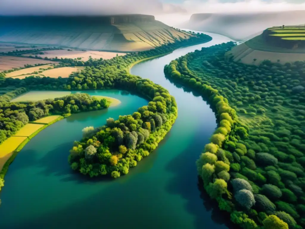 Río Jordán: Historia y belleza a vista de pájaro Vista aérea del sinuoso río Jordán, con barcas en sus aguas y sitios históricos a lo largo de sus orillas