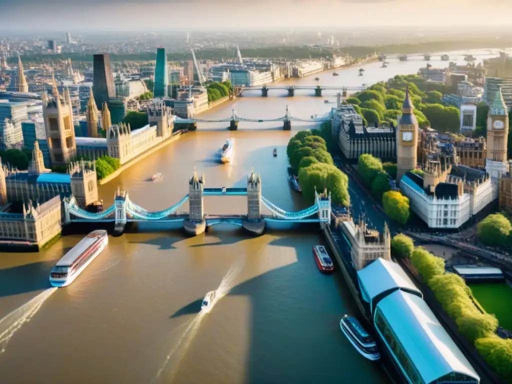 Vista aérea del Támesis en Londres: turismo sostenible Vista aérea del Támesis en Londres con iconos famosos