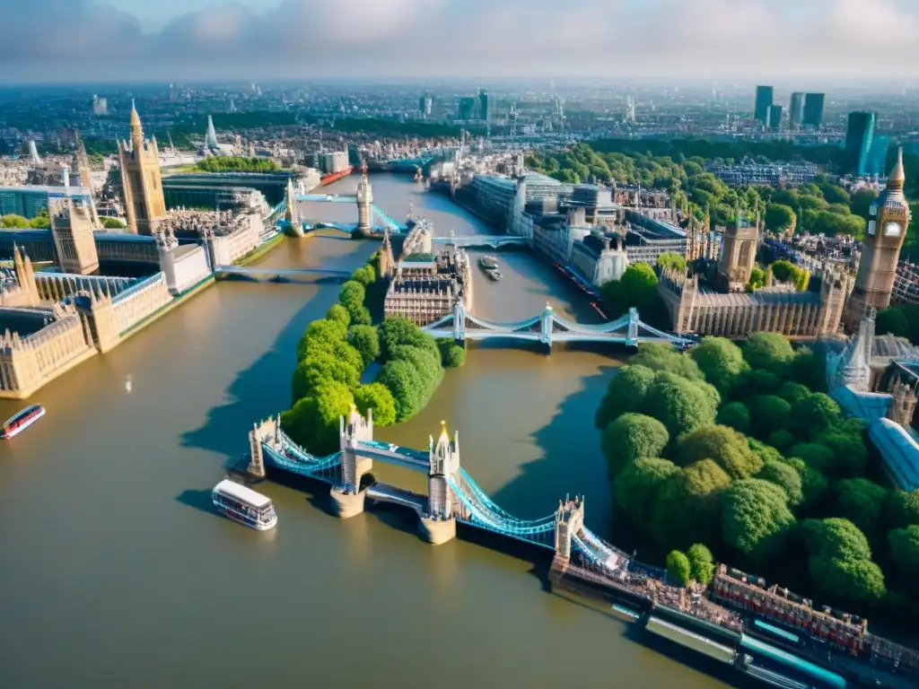Vista aérea del Támesis en Londres: iconos y sostenibilidad Vista aérea del Támesis y Londres con turismo sostenible en la integración urbana