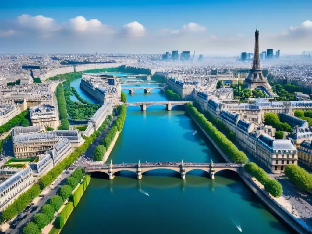 Vista aérea del Río Sena en París con iconos emblemáticos Vista aérea del Sena en París con la Torre Eiffel, Notre Dame y el Louvre