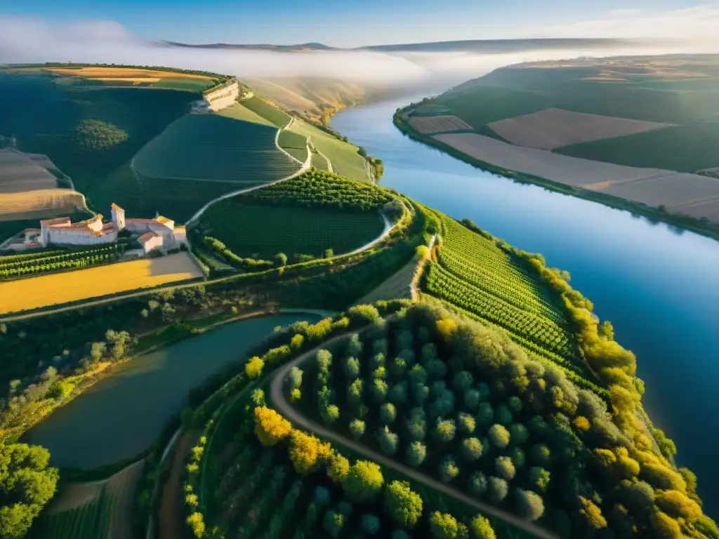 Río Duero: Viñedos y castillos en la Península Ibérica Vista aérea del Río Duero serpenteando entre viñedos, puentes antiguos y castillos históricos en la península ibérica