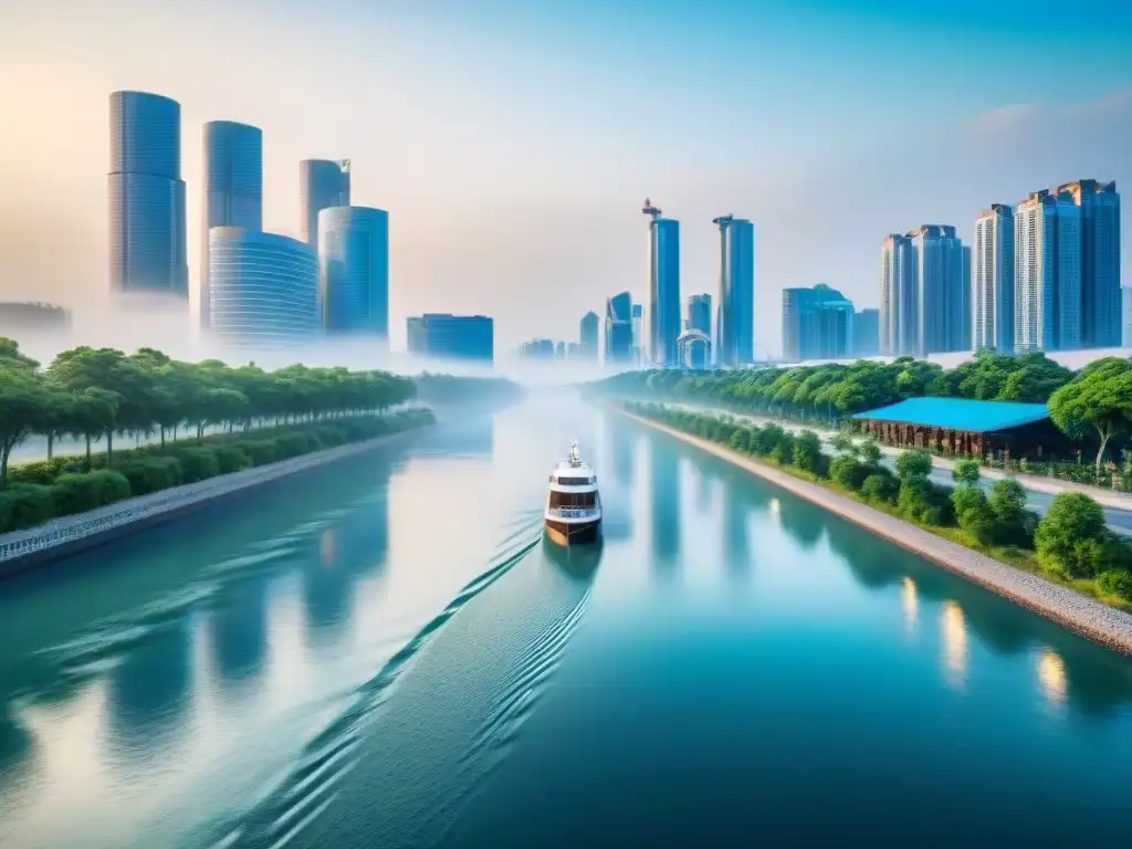 Metrópolis moderna junto a río cristalino: fusión tecnológica y natural Vista de ciudad moderna con río cristalino, barcos y planta de tratamiento de agua, fusionando tecnología y naturaleza