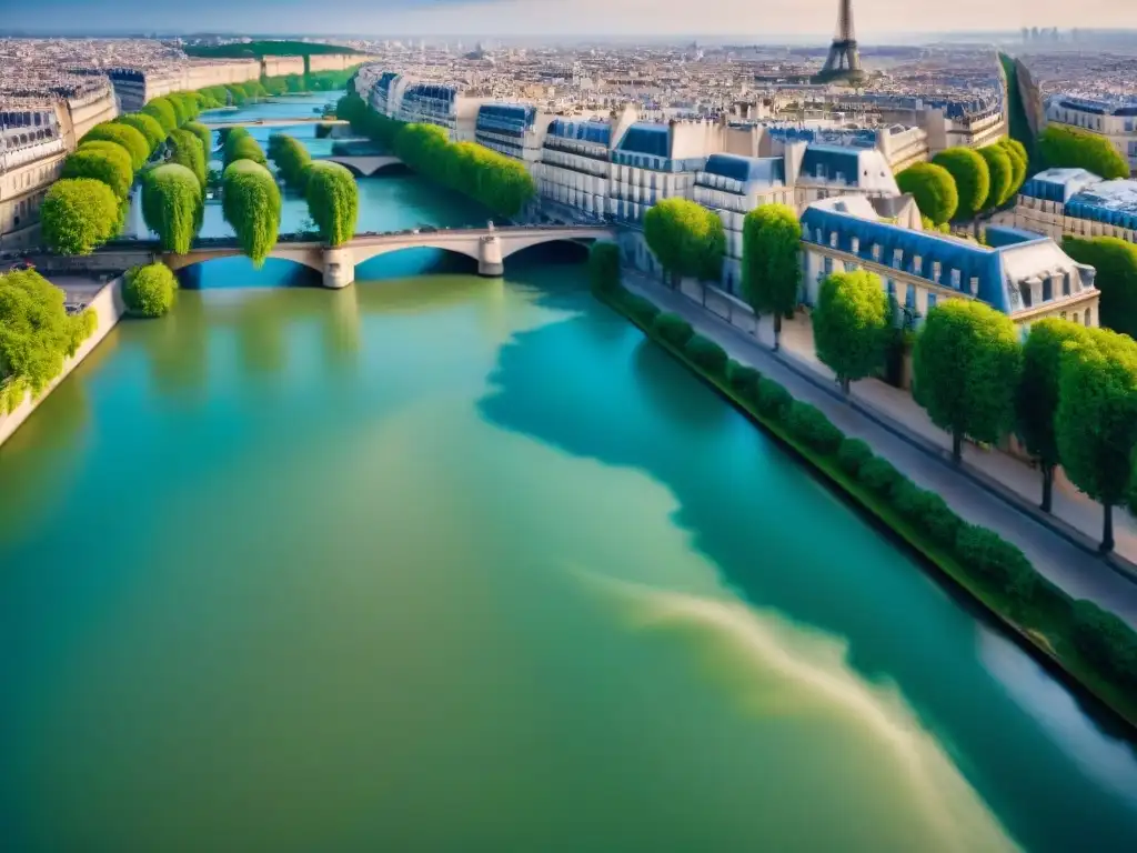 París bajo el agua: impacto del cambio climático en el río Sena Vista detallada del río Sena en París con edificios históricos amenazados por el impacto del cambio climático