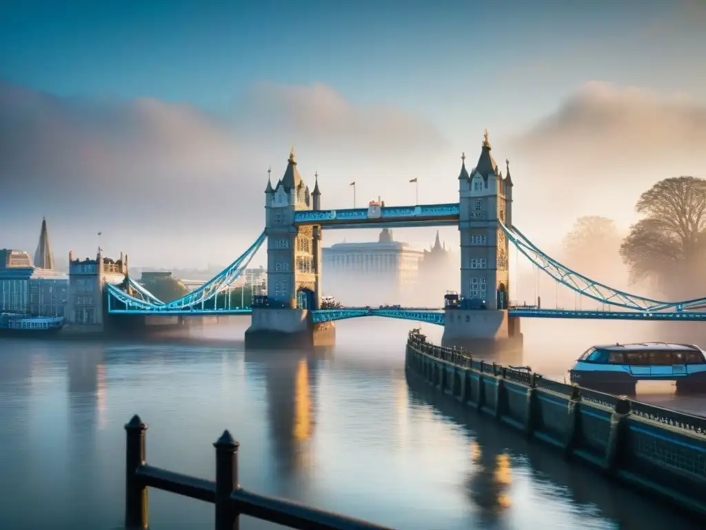 Torre Bridge al amanecer: detalle y serenidad en el Támesis Vista detallada de la icónica Torre de Londres sobre el río Támesis en una mañana brumosa, reflejando la importancia cultural del río Támesis