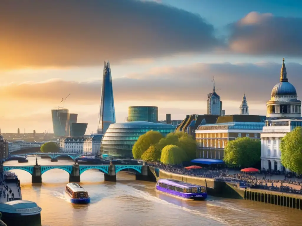 Paisaje vibrante del South Bank del Támesis en Londres Vista detallada de la vibrante South Bank del río Támesis en Londres, con icónicos monumentos y actividad cultural al atardecer