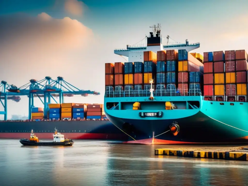Puerto fluvial: epicentro del comercio global Vista impresionante del bullicioso puerto en las orillas de un majestuoso río, destacando la importancia de los ríos en el comercio global