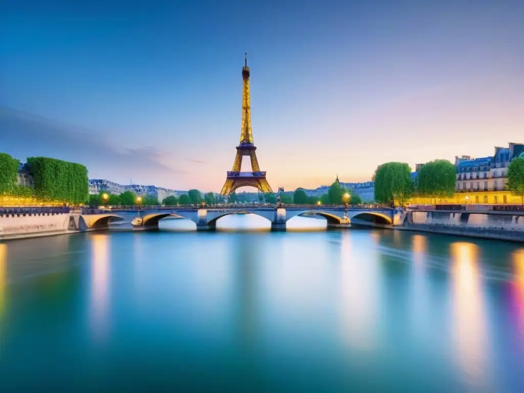Paseo al atardecer por el Sena en París Una vista impresionante de la historia del río Sena en París al anochecer, con la Torre Eiffel iluminada al fondo