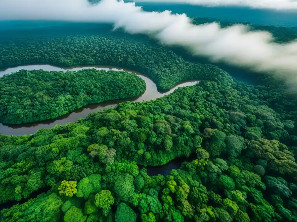 Esplendor del río Amazonas: vista aérea de la exuberante selva Una vista impresionante del legendario río Amazonas serpenteando a través de la exuberante selva, en una fotografía histórica de ríos legendarios
