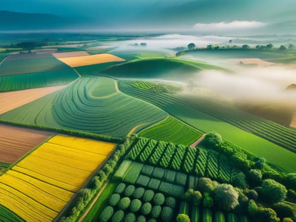 Armonía agrícola: campos verdes con sistemas de riego eficientes Vista aérea vibrante de campos verdes con sistemas de riego, simbolizando la optimización del uso del agua en agricultura para proteger ríos