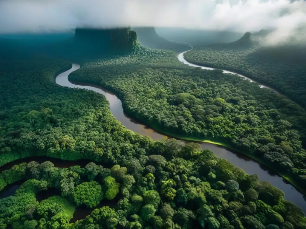 Majestuoso pulmón verde: Amazonas en todo su esplendor Vista aérea vibrante y exuberante de la Amazonía, con su denso dosel verde y el río Amazonas serpenteando, enriqueciendo su biodiversidad