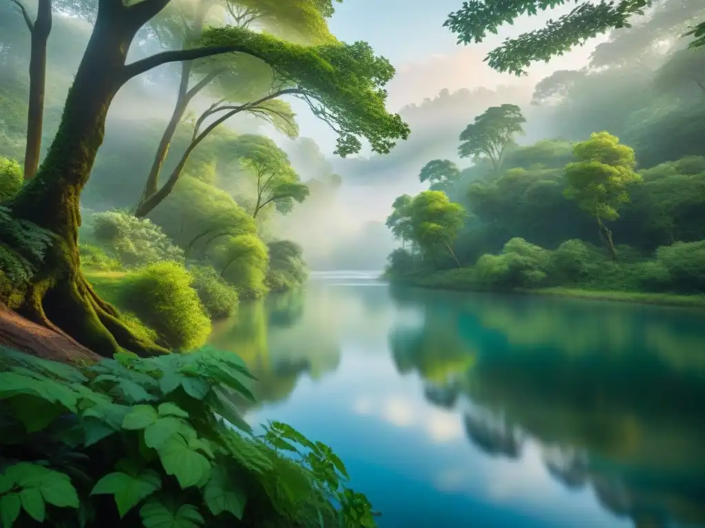 Pintura digital hiperrealista de un río sereno en un bosque exuberante Representación visual ríos arte digital: Pintura digital hiperrealista de un río sereno en un frondoso bosque, con luz jugando en el agua