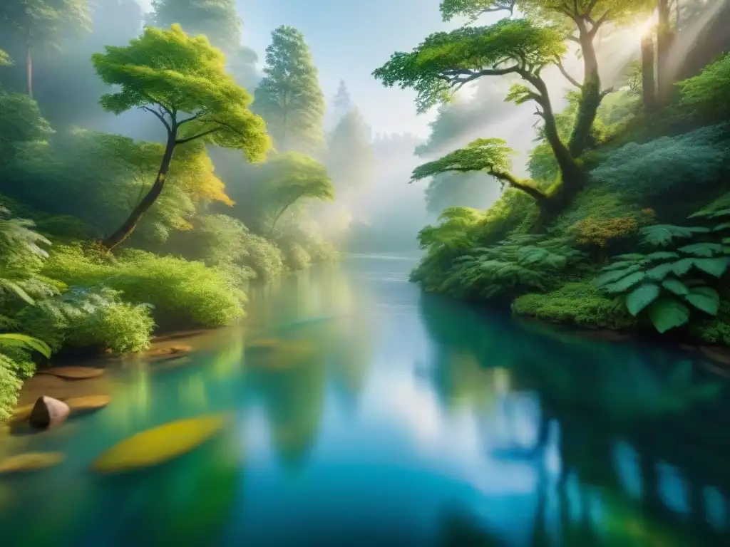Río sereno en bosque vibrante: pintura hiperrealista Una representación visual ríos arte digital: un río serpenteando en un bosque vibrante y sereno