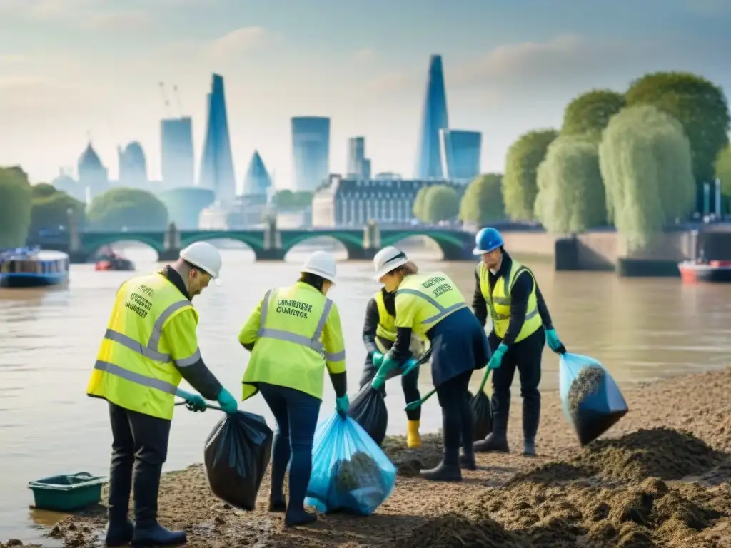 Voluntarios limpiando el río Támesis en Londres Voluntarios diversificados limpiando el Támesis, con Londres al fondo
