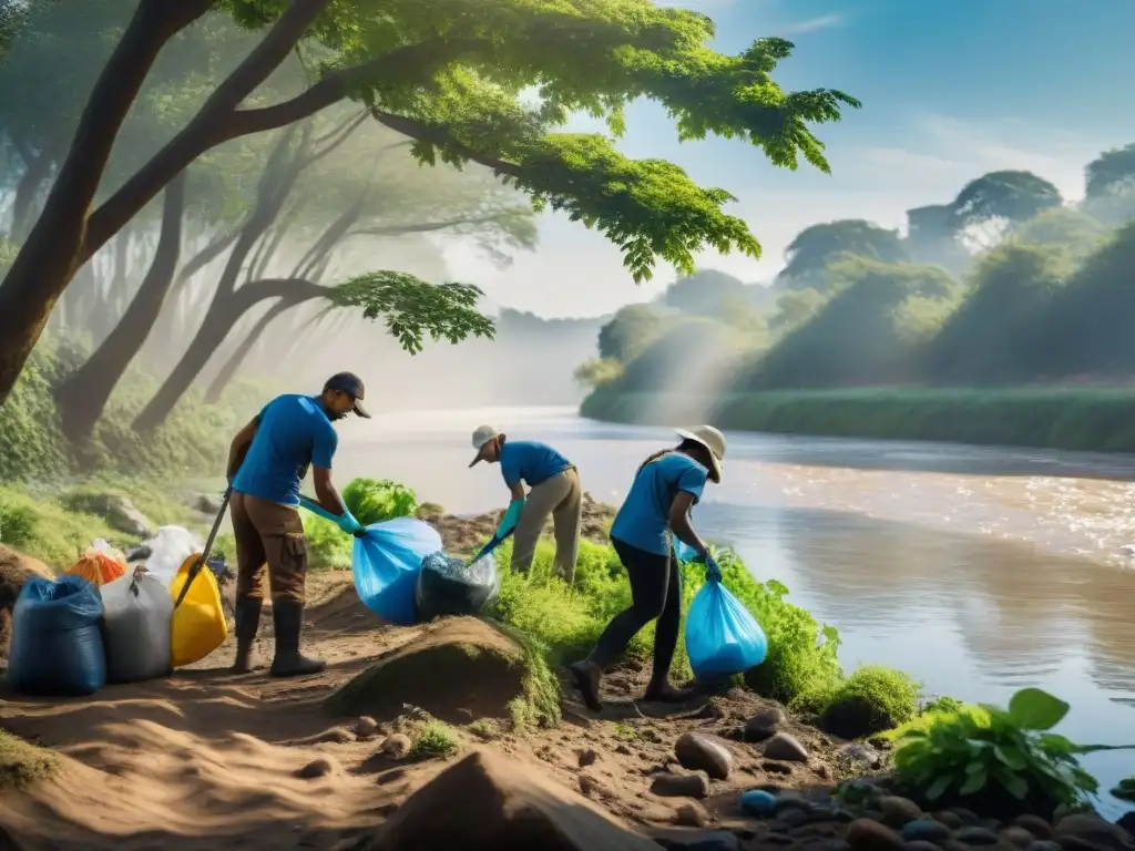 Voluntarios unidos limpian río, acción ambiental Voluntarios de todas las edades limpiando un río rodeado de vegetación exuberante