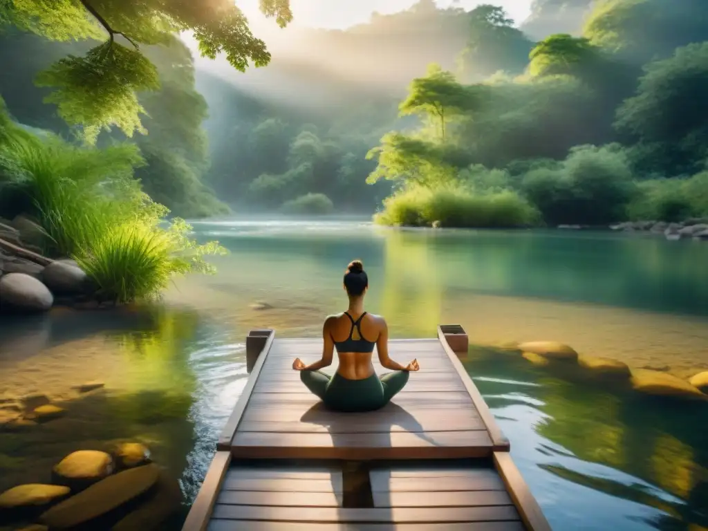 Yoga en el río: paz y energía en la naturaleza Figura practicando yoga en un río sereno, rodeada de naturaleza, reflejando terapias energéticas en balnearios fluviales